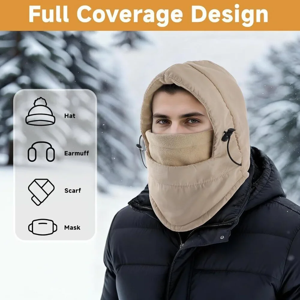 Men's Beige Lining Windproof Adjustable Winter Cold Weather Ski Face Mask